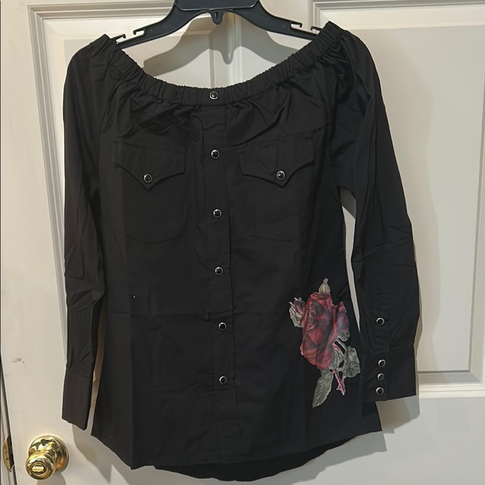 Black Button Down Blouse with Pink Embellishments